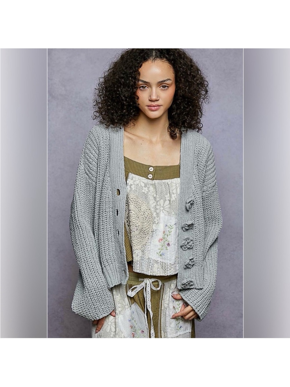 POL Light Gray Chunky Knit Cardigan with flower Button Details